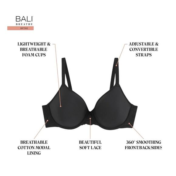 Bali Breathe 34DD Beige #3443 Breathable Underwire Convertible strap T-shirt Bra - Picture 8 of 10